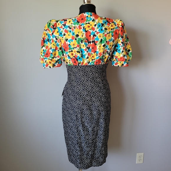 1980s floral silk cocktail dress puff shoulders dress with contrast skirt - Picture 2 of 16